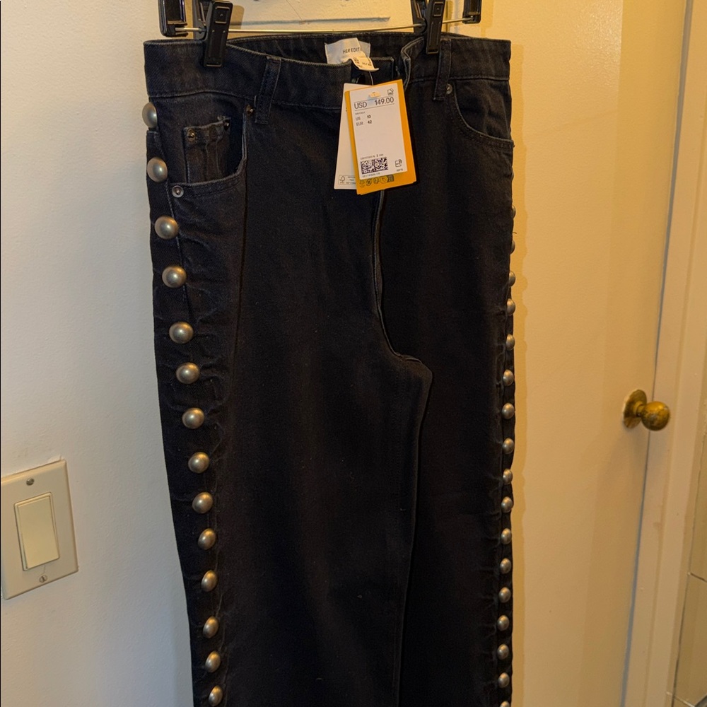 Women's Black Wide-Leg Jeans with Stud Trim - Picture 3 of 3